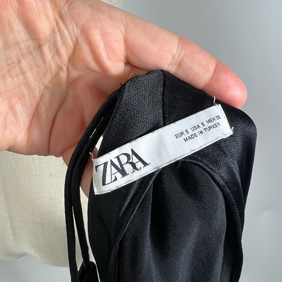 ZARA Satin Side Tie Triangle V-Neck Black Top Womens Small - Picture 6 of 7